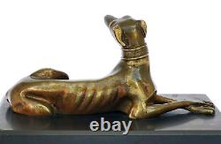 SUPERBE ancienne SCULPTURE CHIEN LEVRIER en BRONZE XIXe sur socle en marbre noir