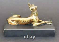 SUPERBE ancienne SCULPTURE CHIEN LEVRIER en BRONZE XIXe sur socle en marbre noir