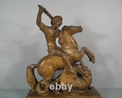 Saint Georges Et Le Dragon Sculpture Bronze Ancien Signé Arnold Huggler