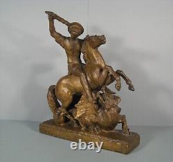 Saint Georges Et Le Dragon Sculpture Bronze Ancien Signé Arnold Huggler