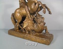 Saint Georges Et Le Dragon Sculpture Bronze Ancien Signé Arnold Huggler