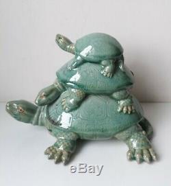 Sculpture 3 tortues ceramique craquelee porcelaine faience celadon statue ancien