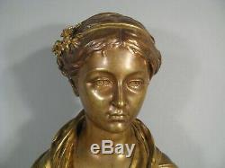 Sculpture Ancienne Buste Jeune Femme Bronze Signé Grégoire Houdebine (greuze)