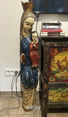 Sculpture Ancienne Dévotion Vierge À L'enfant Bois Massif Polychrome