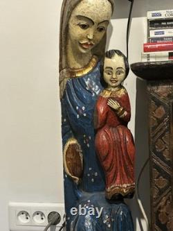 Sculpture Ancienne Dévotion Vierge À L'enfant Bois Massif Polychrome
