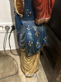 Sculpture Ancienne Dévotion Vierge À L'enfant Bois Massif Polychrome
