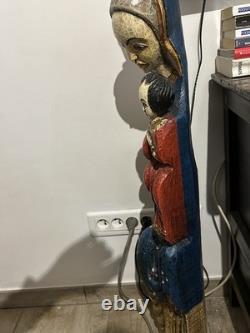 Sculpture Ancienne Dévotion Vierge À L'enfant Bois Massif Polychrome