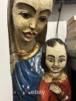 Sculpture Ancienne Dévotion Vierge À L'enfant Bois Massif Polychrome