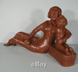 Sculpture Ancienne En Pltre Mère Et Son Enfant / Statue Pltre Maternité Signée