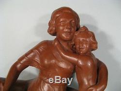 Sculpture Ancienne En Pltre Mère Et Son Enfant / Statue Pltre Maternité Signée