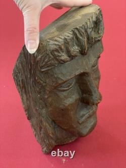 Sculpture Bois Tête Du Christ Ancienne Chêne Massif
