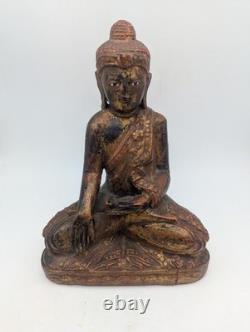 Sculpture Bouddah Mandalay en Bois, Ancienne Statue Laqué Doré, Birmanie