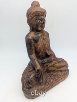 Sculpture Bouddah Mandalay en Bois, Ancienne Statue Laqué Doré, Birmanie
