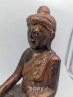 Sculpture Bouddah Mandalay en Bois, Ancienne Statue Laqué Doré, Birmanie