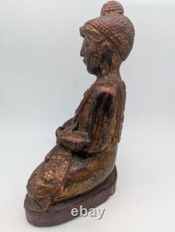 Sculpture Bouddah Mandalay en Bois, Ancienne Statue Laqué Doré, Birmanie