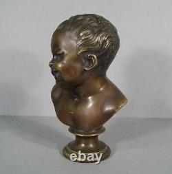 Sculpture Buste Enfant Rieur Jean Qui Rit Bronze Ancien D'après Houdon