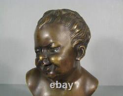 Sculpture Buste Enfant Rieur Jean Qui Rit Bronze Ancien D'après Houdon