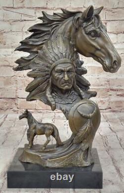 Sculpture En Bronze D'Artisanat Western Ancien Guerrier Indien Décor Statue