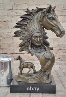 Sculpture En Bronze D'Artisanat Western Ancien Guerrier Indien Décor Statue