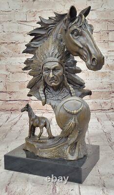 Sculpture En Bronze D'Artisanat Western Ancien Guerrier Indien Décor Statue