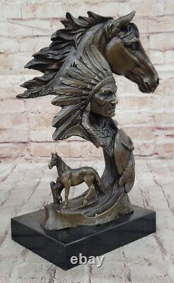 Sculpture En Bronze D'Artisanat Western Ancien Guerrier Indien Décor Statue