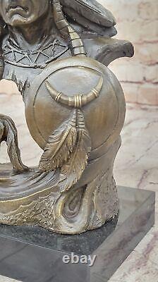 Sculpture En Bronze D'Artisanat Western Ancien Guerrier Indien Décor Statue