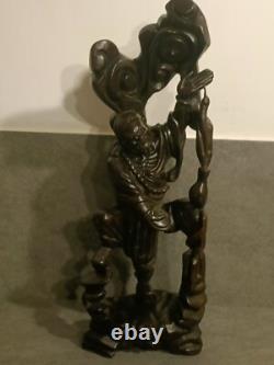 Sculpture Statue Asie Vieux Sage Chinois en Bois Ancienne, H 50cm