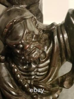 Sculpture Statue Asie Vieux Sage Chinois en Bois Ancienne, H 50cm