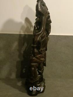 Sculpture Statue Asie Vieux Sage Chinois en Bois Ancienne, H 50cm