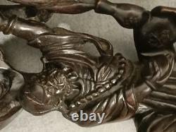 Sculpture Statue Asie Vieux Sage Chinois en Bois Ancienne, H 50cm