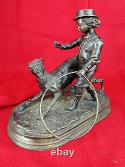 Sculpture, Statue Bronze Ancien, Enfant au Cerceau avec Son Chien