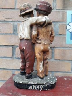 Sculpture Statue Plâtre Ancienne 2 Enfants Jumeaux Amis Conversation 1900