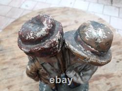 Sculpture Statue Plâtre Ancienne 2 Enfants Jumeaux Amis Conversation 1900