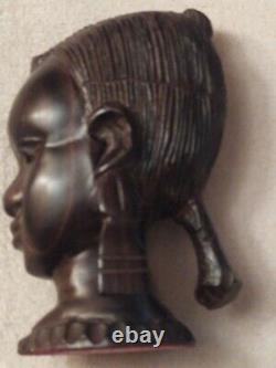 Sculpture Tête de Femme Africaine Ancienne, en Ebène, Statue Bois