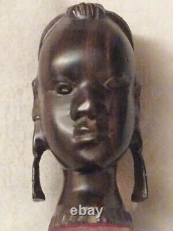 Sculpture Tête de Femme Africaine Ancienne, en Ebène, Statue Bois
