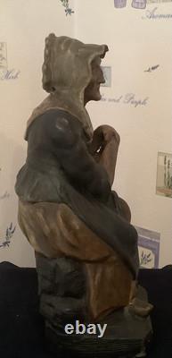 Sculpture ancienne, en terre cuite, Vieille Dame Assise, occasion
