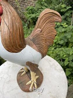 Sculpture en bois ancienne coq polychrome XIX Statue Oiseau Bois Sculpté ancien