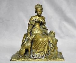 Sculpture femme avec son chien en bronze superbe statue ancienne