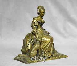 Sculpture femme avec son chien en bronze superbe statue ancienne