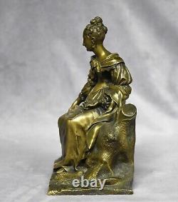 Sculpture femme avec son chien en bronze superbe statue ancienne