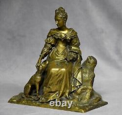 Sculpture femme avec son chien en bronze superbe statue ancienne