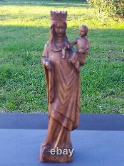 Sculpture religieuse Vierge à l'enfant Ancienne, Statue Bois H. 30,5 cm