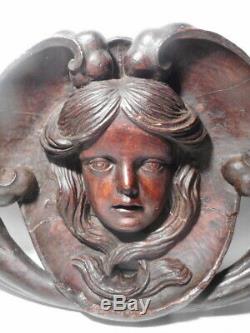 Sculpture statue ancienne bois sculpté tete masque femme corne d'abondance