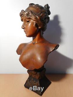 Sculpture statue ancienne platre Tanagra E VILLANIS portrait buste jeune femme