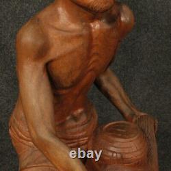 Sculpture statue oriental bois pêcheur style ancien salon 20ème siècle 900