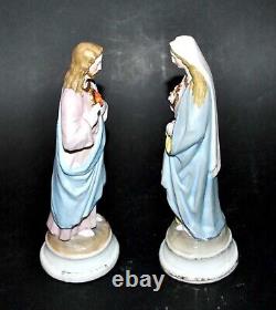 Sculptures religieuses anciennes en biscuit SACRE COEUR Christ et Vierge Marie