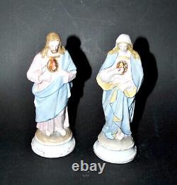 Sculptures religieuses anciennes en biscuit SACRE COEUR Christ et Vierge Marie
