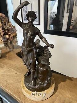 Statue Ancienne En Régule Sur Socle Marbre Le Forgeron Figure 40cm ornement