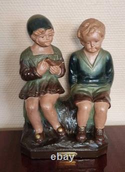 Statue Plâtre Polychrome Douce Joie Enfants Signée H. 26,5 cm Déco Ancien