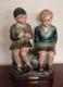 Statue Pl&acirc;tre Polychrome Douce Joie Enfants Sign&eacute;e H. 26,5 Cm D&eacute;co Ancien